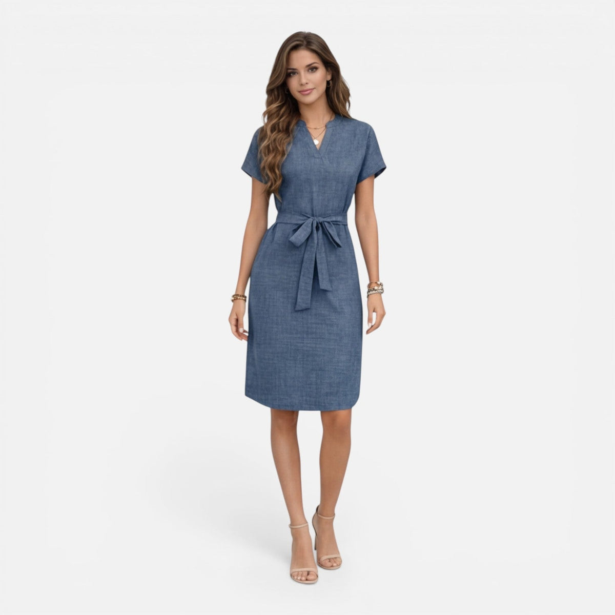 Abito Midi Donna con Cintura e Manica Corta