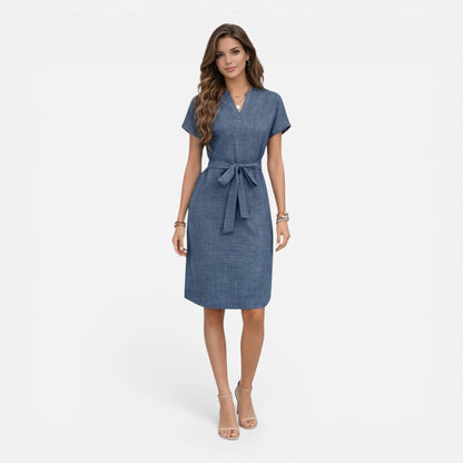 Abito Midi Donna con Cintura e Manica Corta