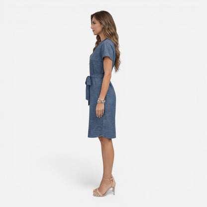 Abito Midi Donna con Cintura e Manica Corta