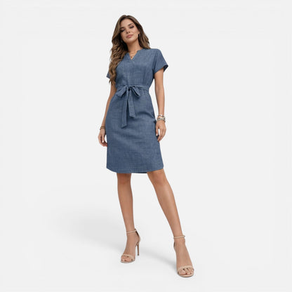Abito Midi Donna con Cintura e Manica Corta
