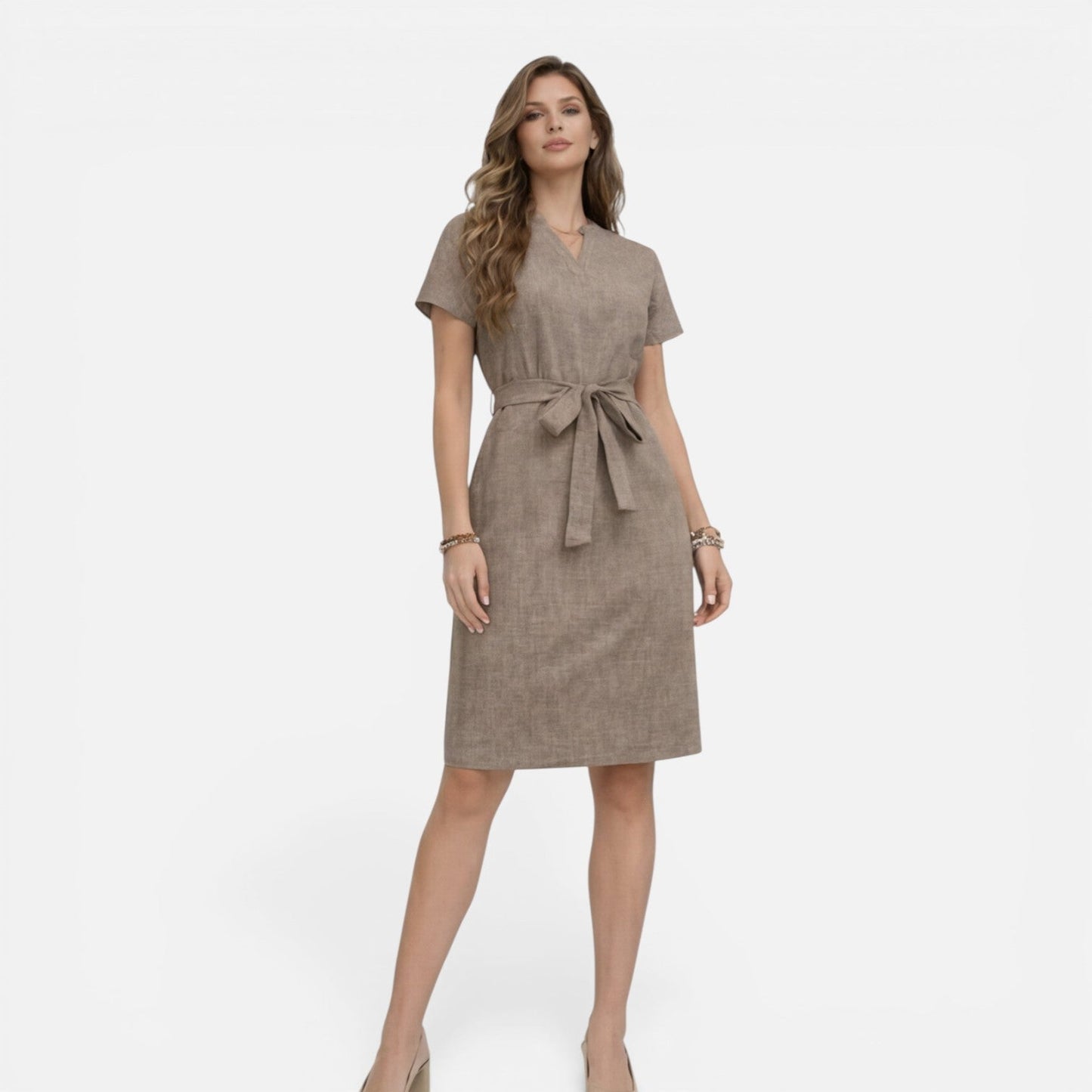 Abito Midi Donna con Cintura e Manica Corta