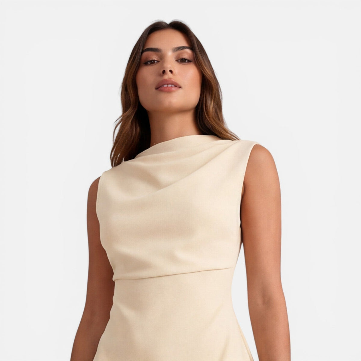 Abito Mini Donna Smanicato con Scollo Drappeggiato