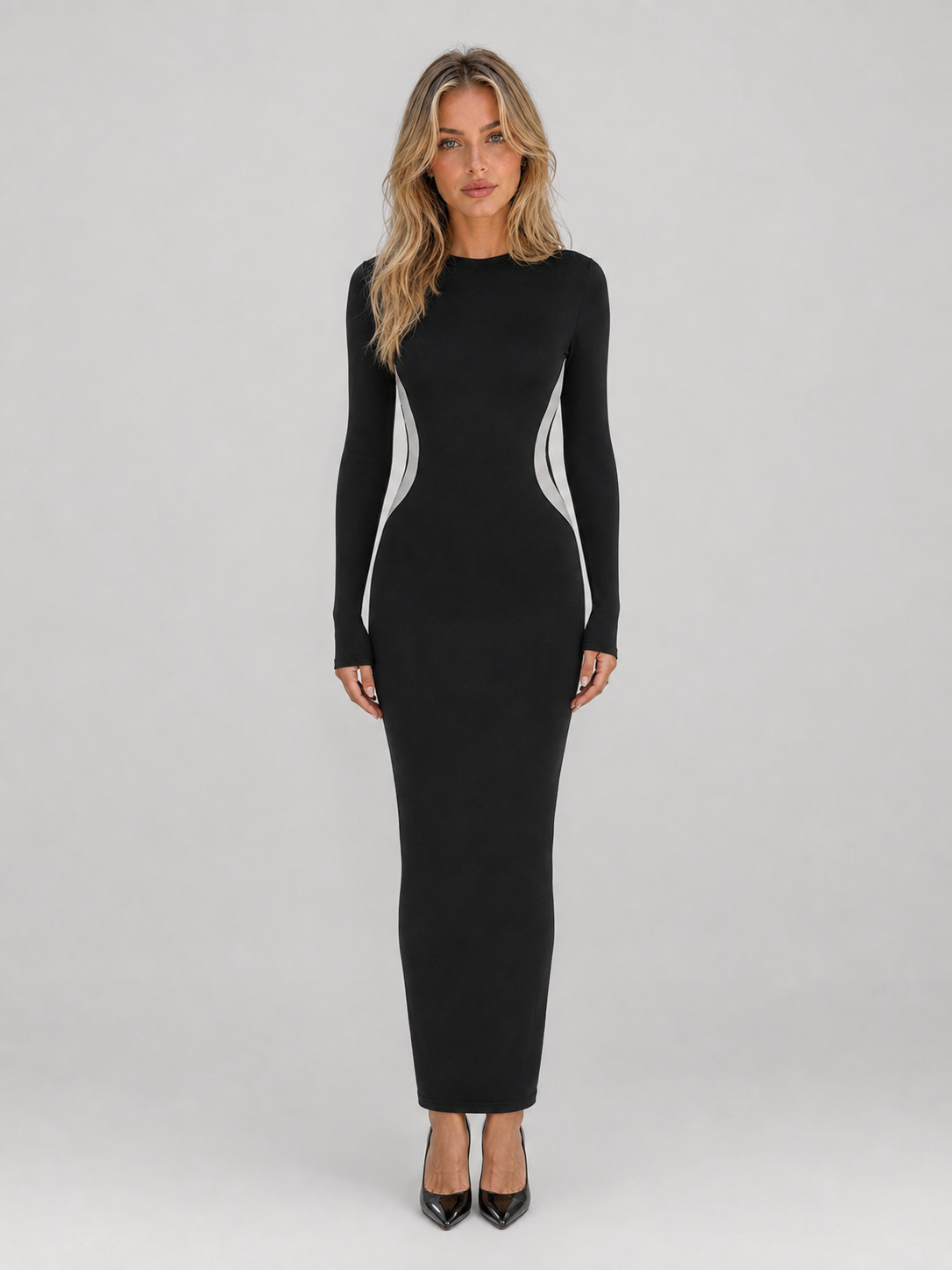 Abito Lungo Donna Nero Aderente con Cut-Out