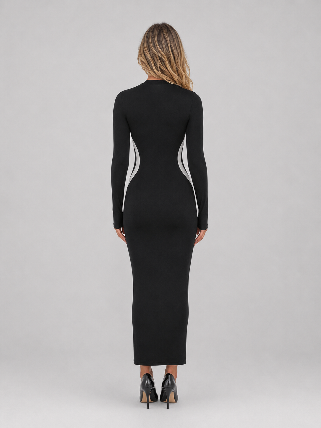Abito Lungo Donna Nero Aderente con Cut-Out
