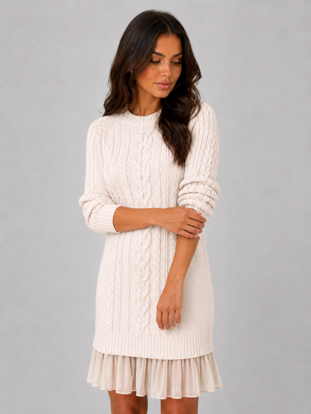 Abito Mini Donna in Maglia a Trecce con Orlo Plissettato