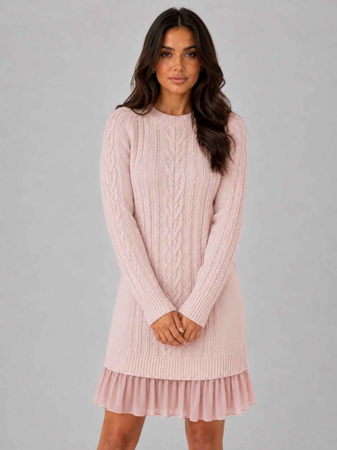 Abito Mini Donna in Maglia a Trecce con Orlo Plissettato