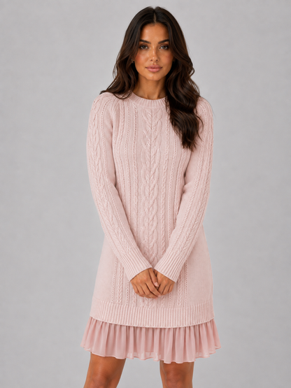 Abito Mini Donna in Maglia a Trecce con Orlo Plissettato