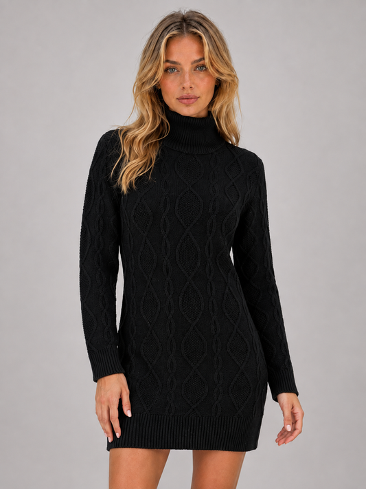 Abito Mini Donna in Maglia a Trecce con Dolcevita
