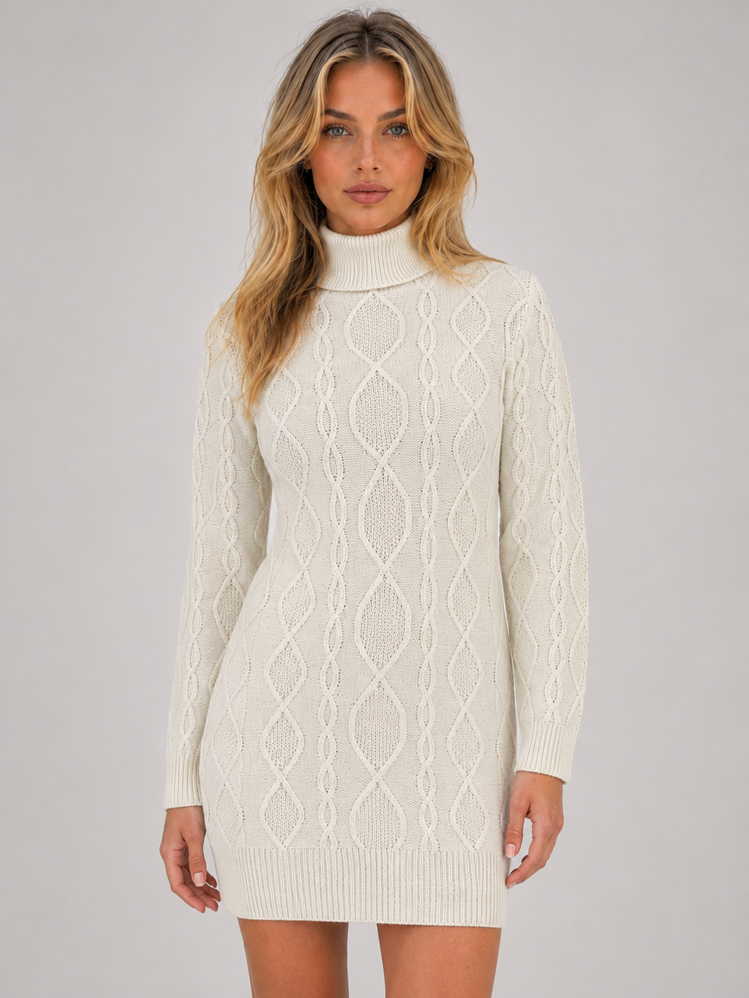 Abito Mini Donna in Maglia a Trecce con Dolcevita