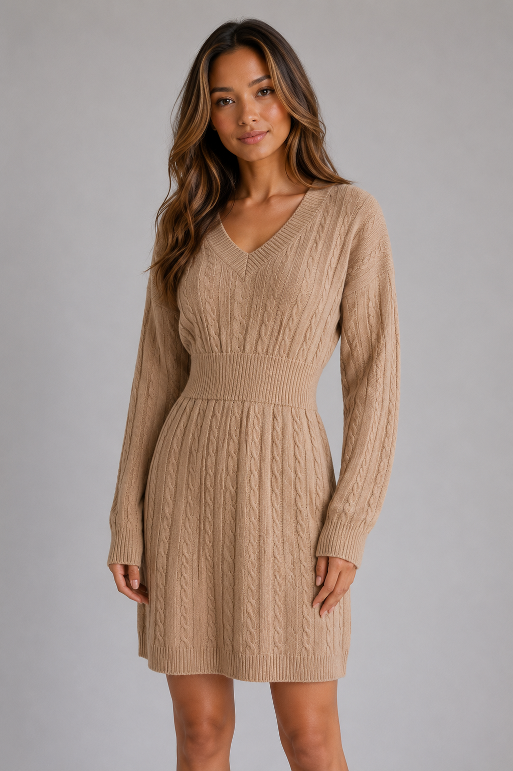 Abito Midi Donna in Maglia a Trecce con Scollo a V