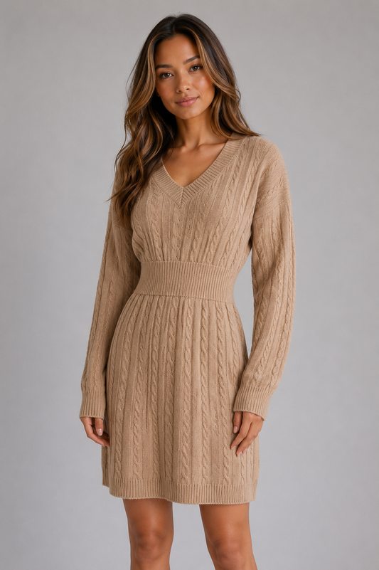 Abito Midi Donna in Maglia a Trecce con Scollo a V