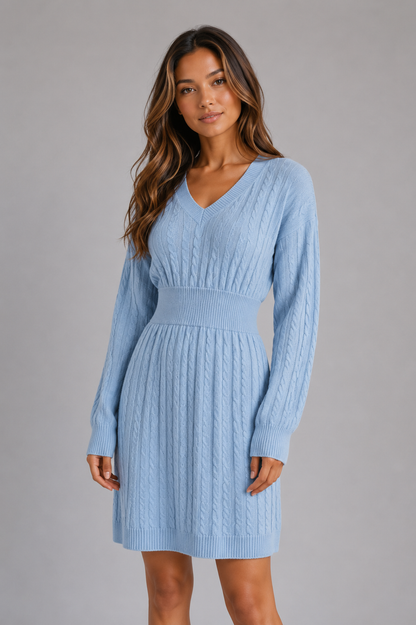 Abito Midi Donna in Maglia a Trecce con Scollo a V