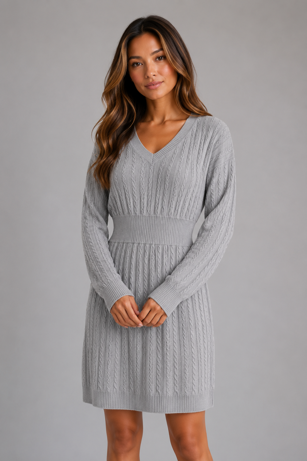 Abito Midi Donna in Maglia a Trecce con Scollo a V