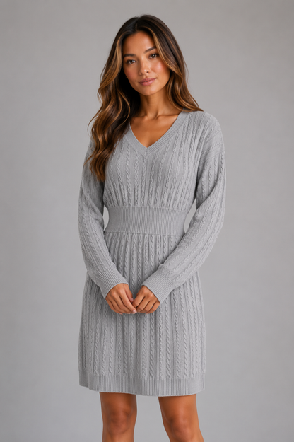 Abito Midi Donna in Maglia a Trecce con Scollo a V