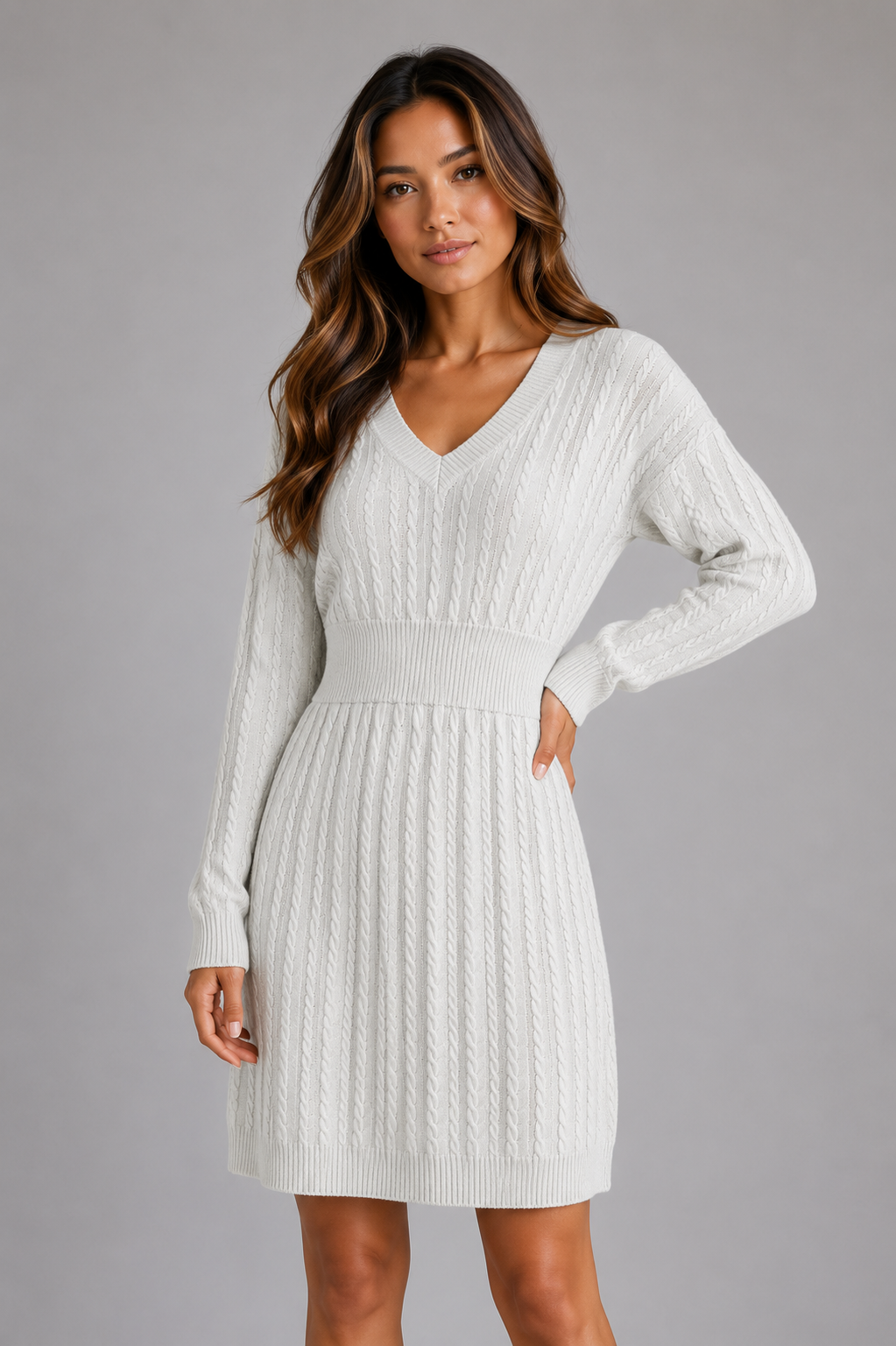 Abito Midi Donna in Maglia a Trecce con Scollo a V