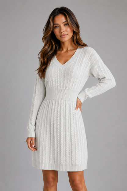 Abito Midi Donna in Maglia a Trecce con Scollo a V