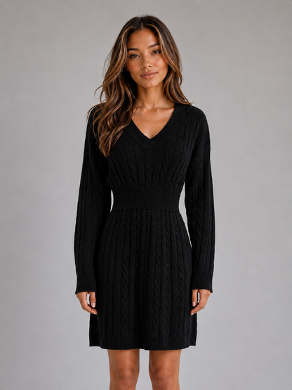 Abito Midi Donna in Maglia a Trecce con Scollo a V