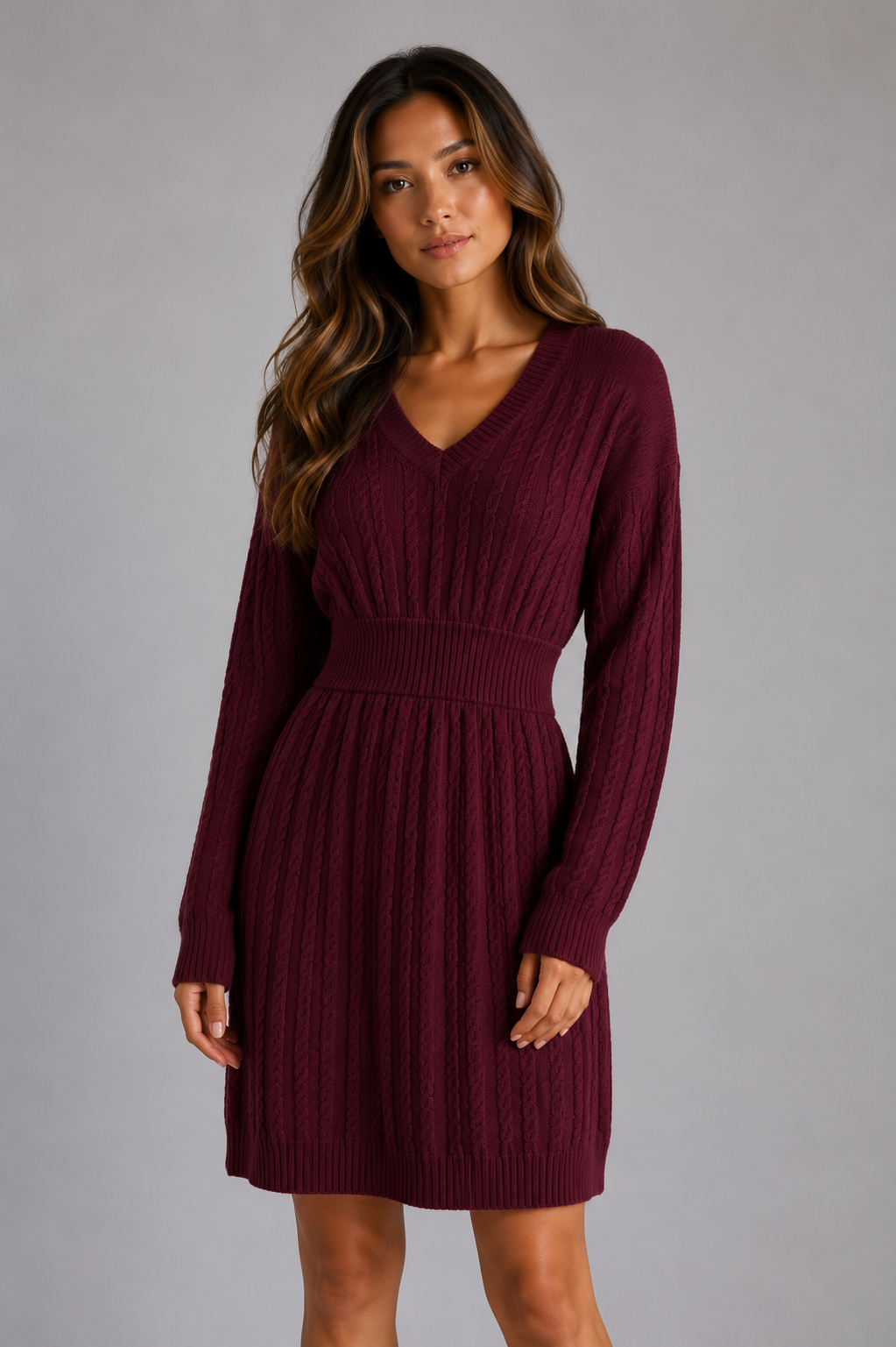 Abito Midi Donna in Maglia a Trecce con Scollo a V
