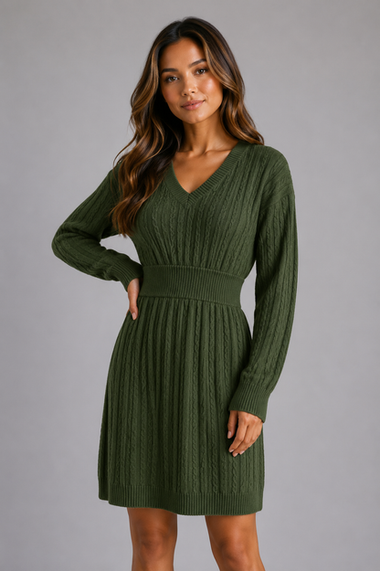 Abito Midi Donna in Maglia a Trecce con Scollo a V
