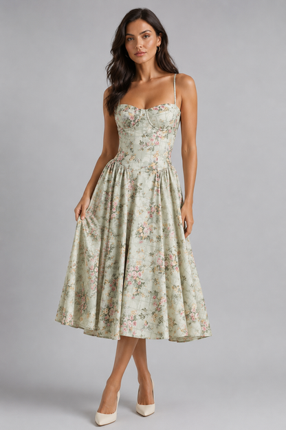 Abito Midi Donna Corsetto Floreale con Coppe Integrate