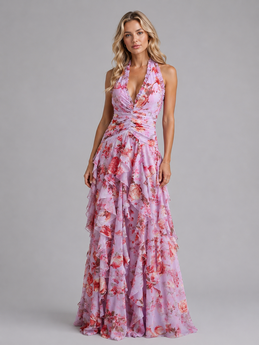 Abito Lungo Donna Floreale Halter con Balze