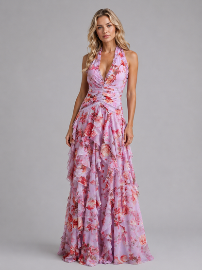 Abito Lungo Donna Floreale Halter con Balze