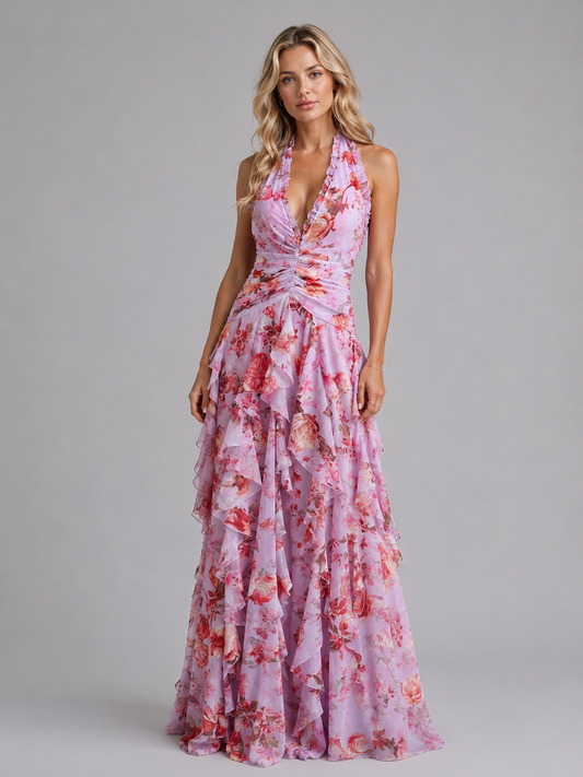 Abito Lungo Donna Floreale Halter con Balze