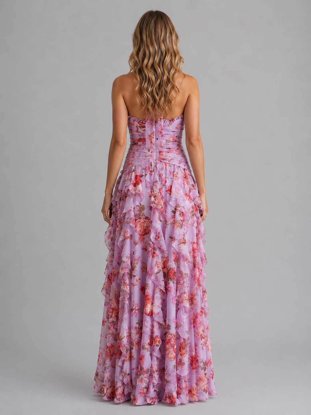 Abito Lungo Donna Floreale Halter con Balze