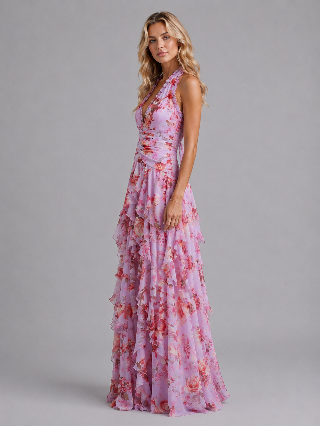 Abito Lungo Donna Floreale Halter con Balze