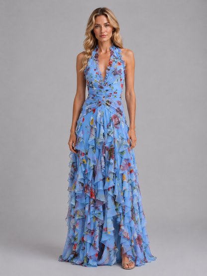 Abito Lungo Donna Floreale Halter con Balze