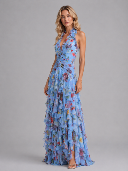 Abito Lungo Donna Floreale Halter con Balze