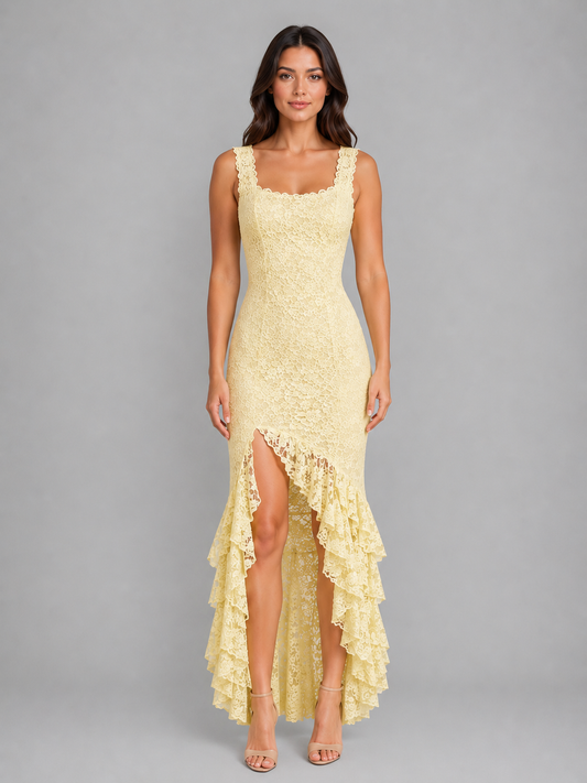 Abito Lungo Donna in Pizzo Floreale con Spacco e Balze