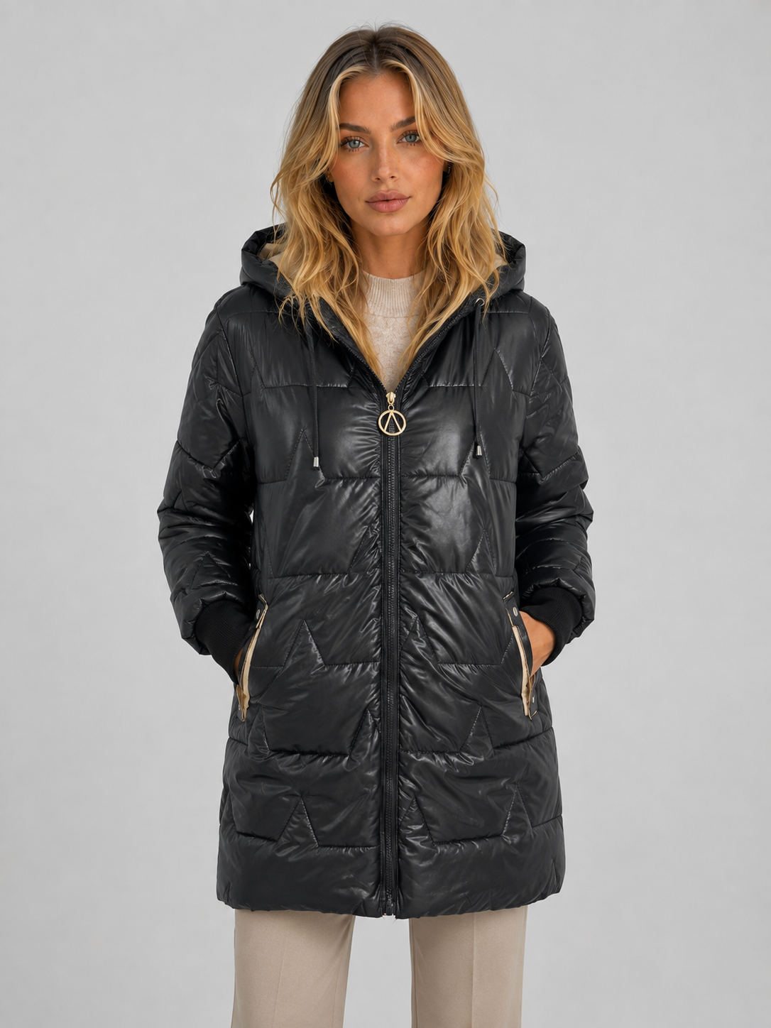 Cappotto Lungo Donna Imbottito con Cappuccio Trapuntato