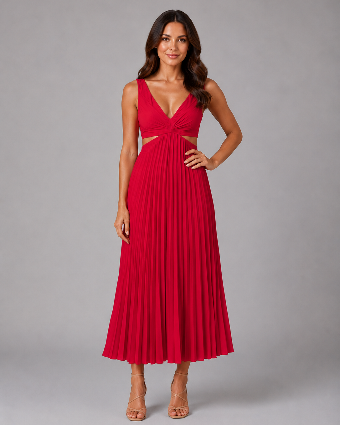 Abito Midi Donna Plissettato con Cut-Out in Vita