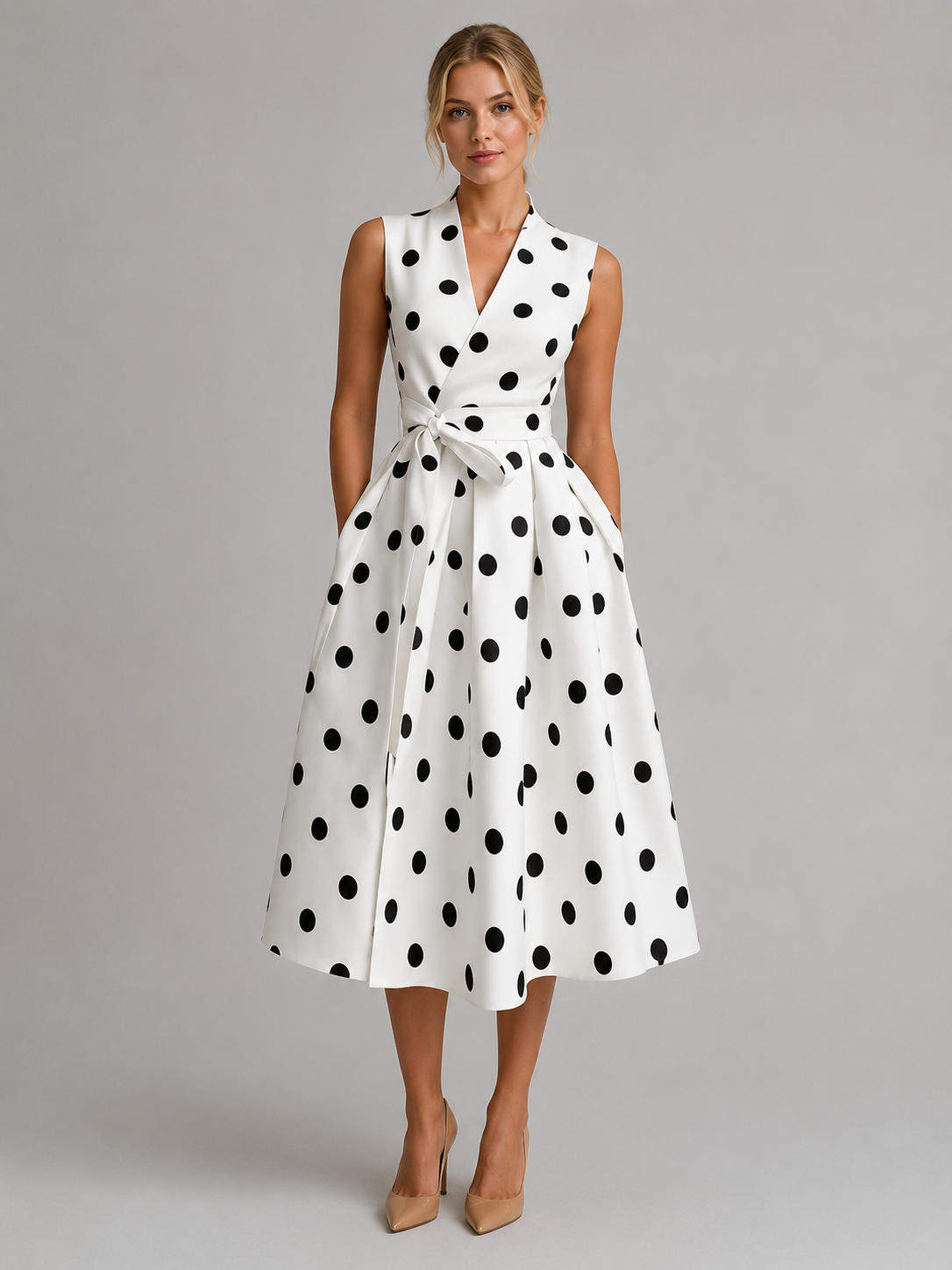 Abito Midi Donna a Pois con Laccio in Vita