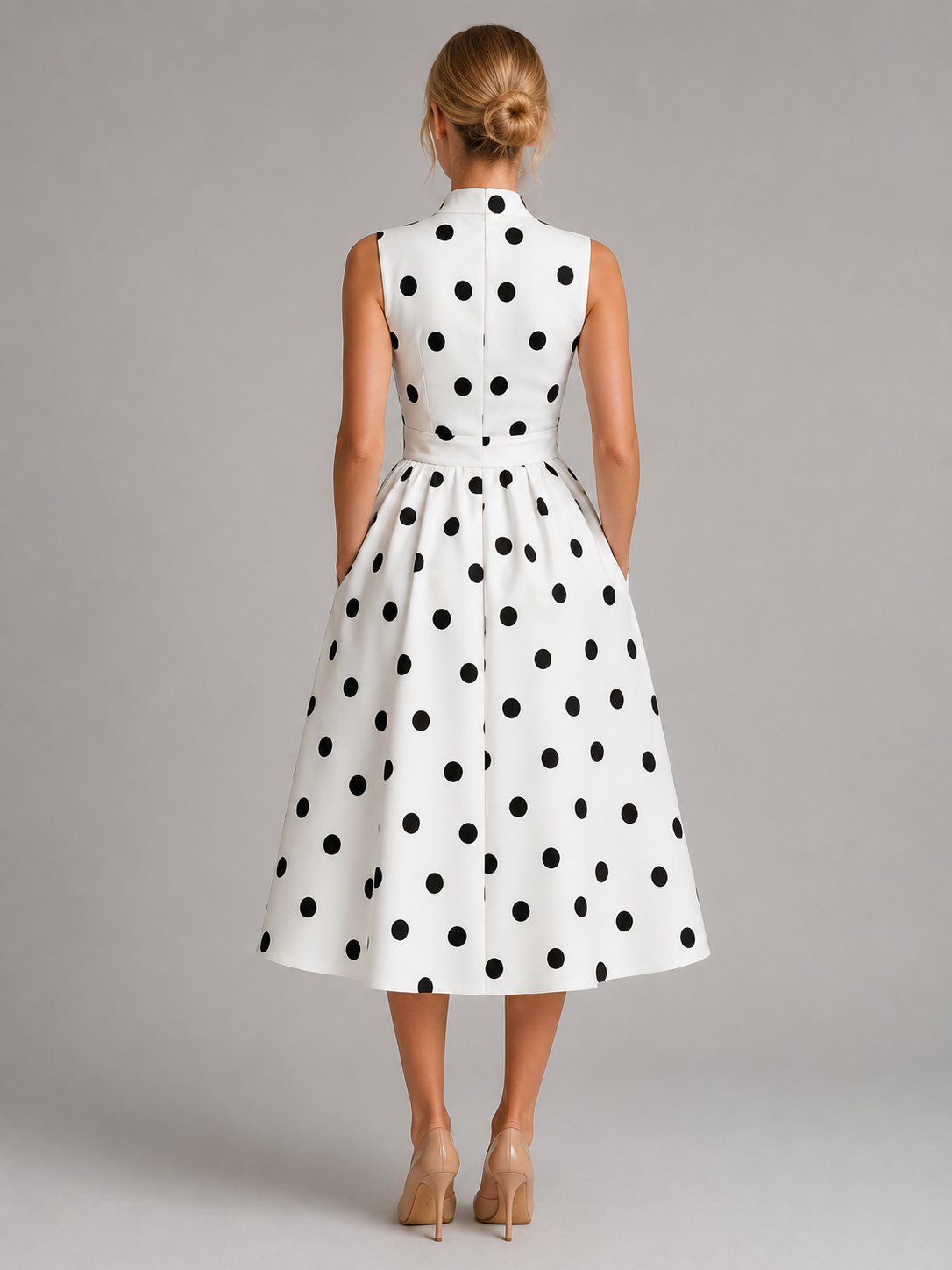 Abito Midi Donna a Pois con Laccio in Vita