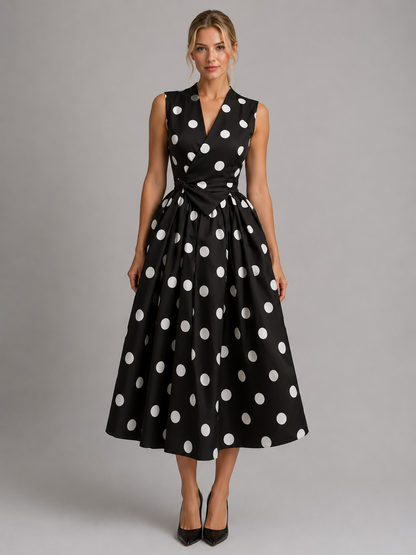 Abito Midi Donna a Pois con Laccio in Vita