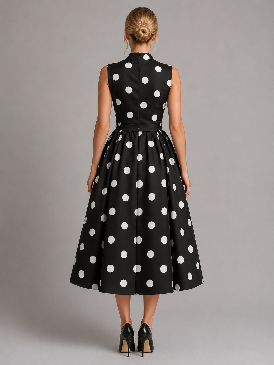 Abito Midi Donna a Pois con Laccio in Vita