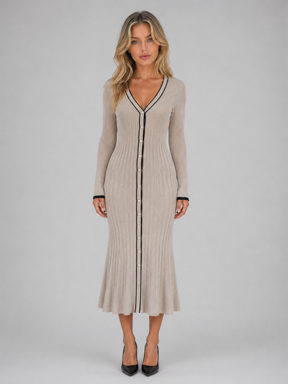 Abito Midi Donna in Maglia a Coste con Bottoni