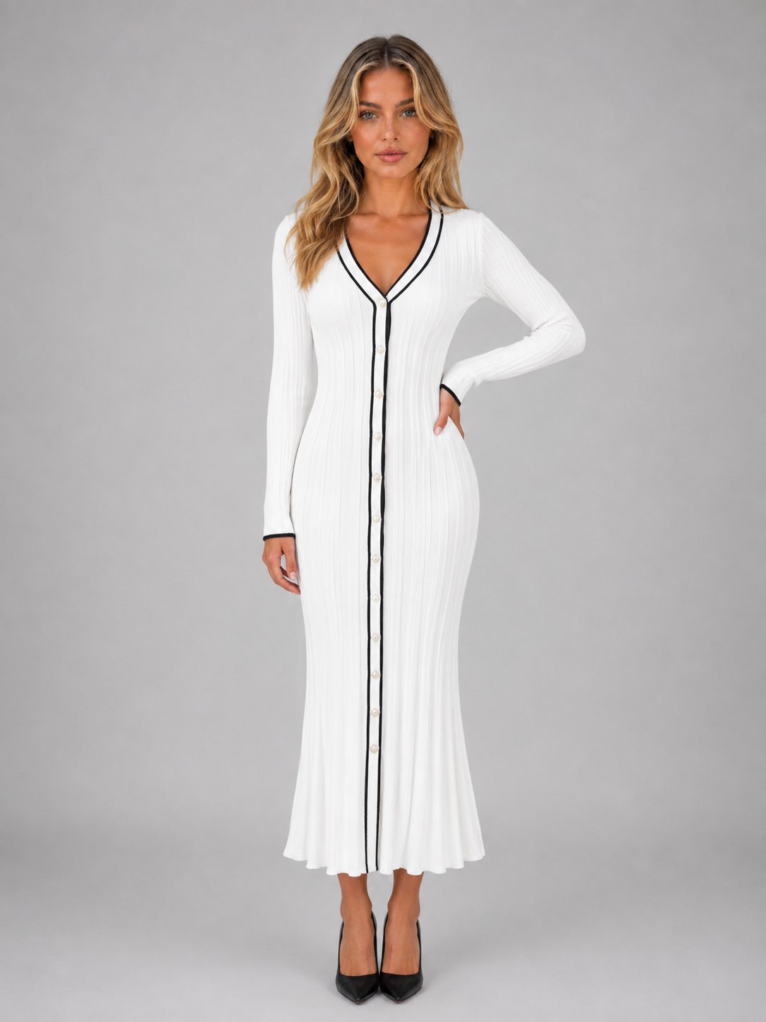 Abito Midi Donna in Maglia a Coste con Bottoni