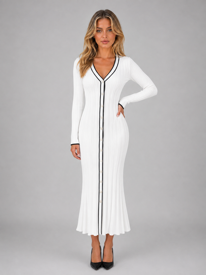 Abito Midi Donna in Maglia a Coste con Bottoni