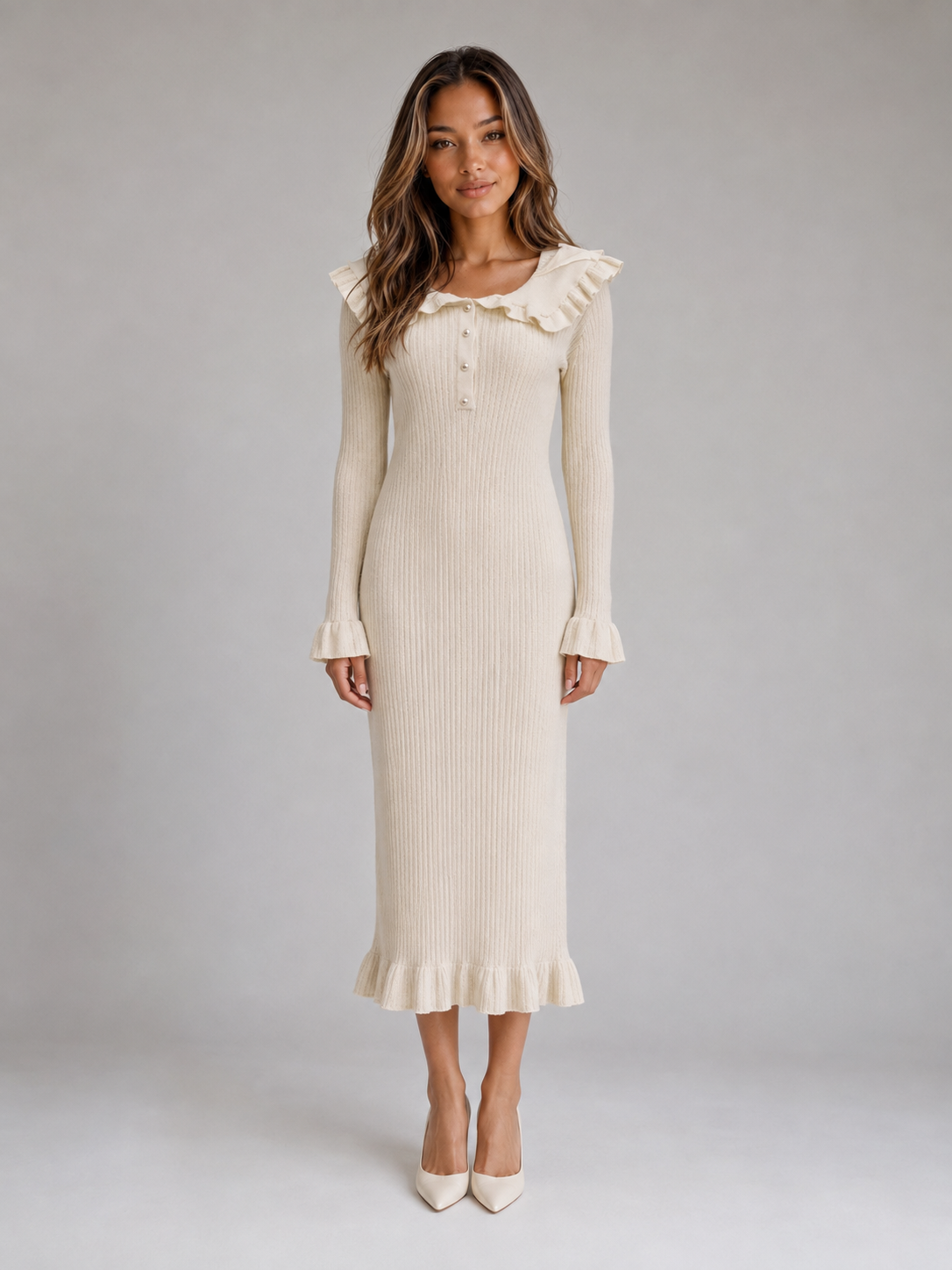 Abito Midi Donna in Maglia a Coste con Collo a Volant