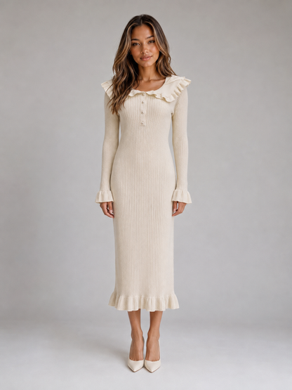 Abito Midi Donna in Maglia a Coste con Collo a Volant