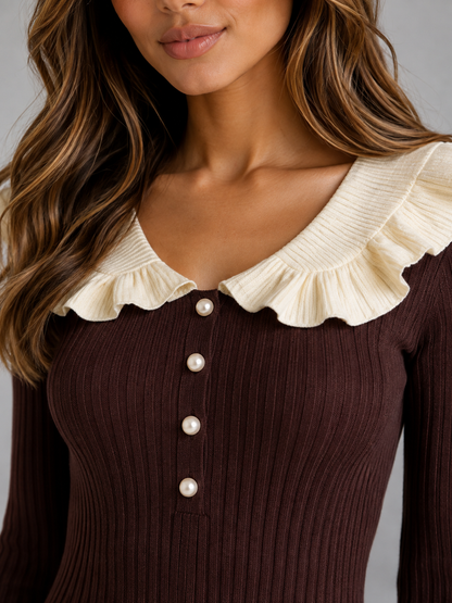 Abito Midi Donna in Maglia a Coste con Collo a Volant