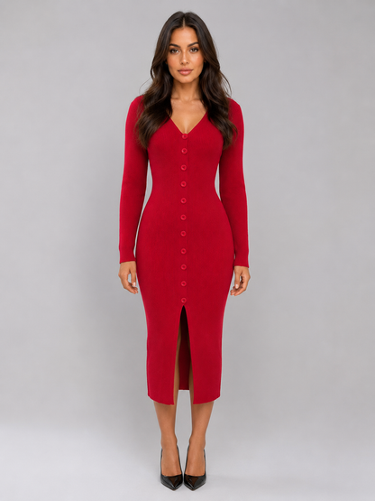 Abito Midi Donna in Maglia a Coste con Bottoni e Spacco
