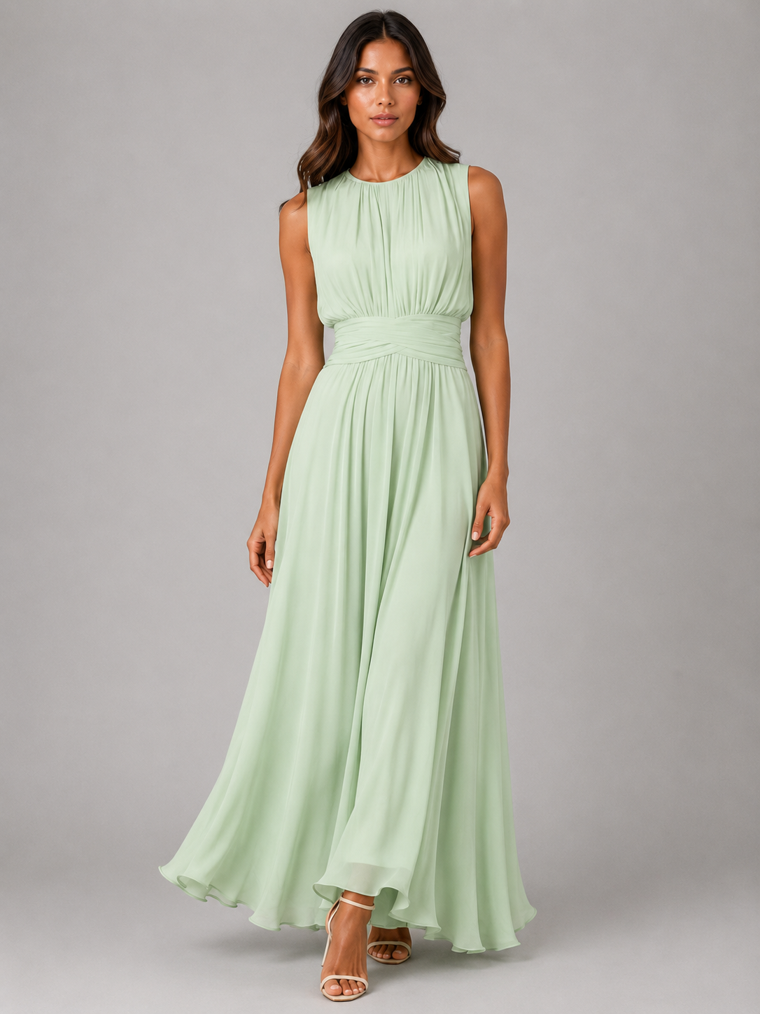 Abito Lungo Donna in Chiffon con Collo Alto