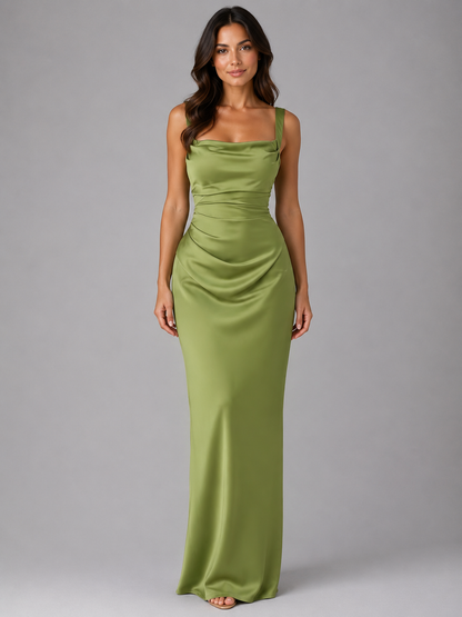 Abito Lungo Donna in Raso Verde Oliva