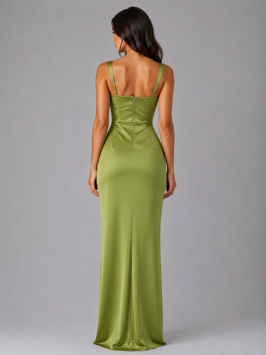 Abito Lungo Donna in Raso Verde Oliva