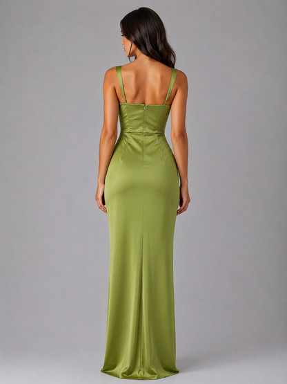 Abito Lungo Donna in Raso Verde Oliva