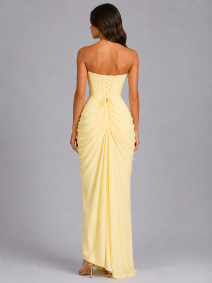Abito Lungo Donna Strapless Giallo Pastello